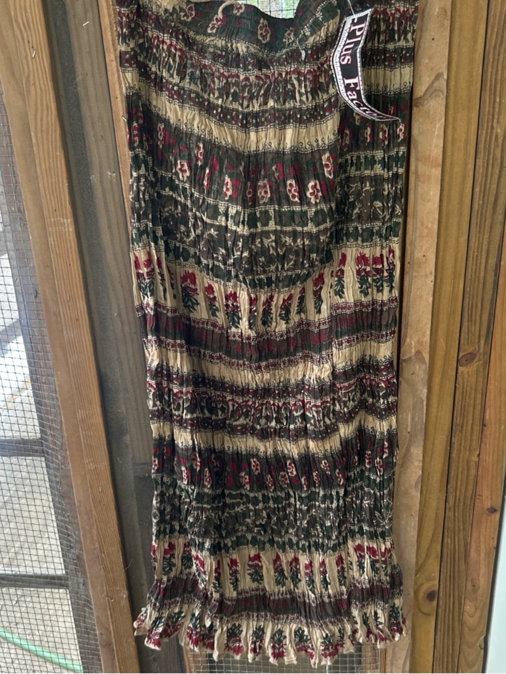 Vintage Boho Smocked Maxi Skirt in Green and Cream